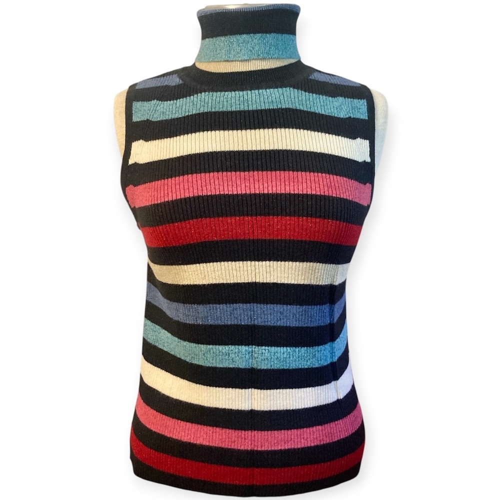 Vintage 90’s Y2K Stripe Sparkly Turtleneck Knit Tank Top Sleeveless Sweater Vest